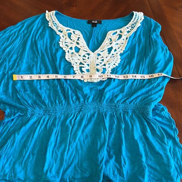 AGB Size S Peacock Blue Knit Top with White Lace Appliqué Elastic Waist - Picture 6 of 11